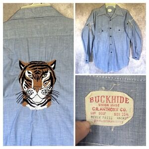 Vtg 60s Buckhide C.R. Anthony Co. Union Embroidered Tiger Chambray Work Shirt XL